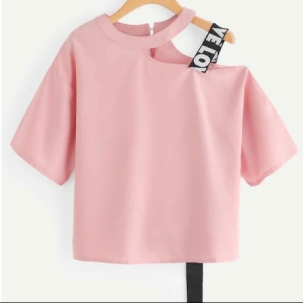 SHEIN Cut Out Neck Letter Strap Blouse